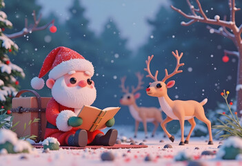 Santa reading book in snowy park with reindeer nearby, creating magical winter scene
