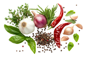 Top view assortment of garlic, chili, peppers, rosemary and other spices isolated on background,  ingredients used to enhance the flavor and aroma.