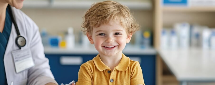 Smiling toddler getting a routine checkup from a nurse before immunization, bright clinic, promoting healthcare and protection