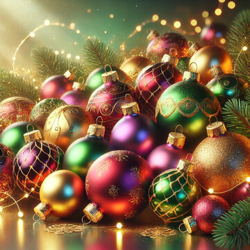 Bunte Weihnachtskugeln im festlichen Glanz Diese festliche Anordnung zeigt eine farbenfrohe Mischung aus Weihnachtskugeln.