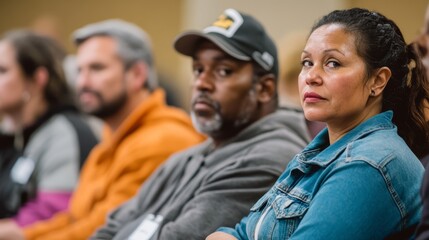Obraz premium A diverse group of workers attending a wage rights workshop symbolizing education on labor rights