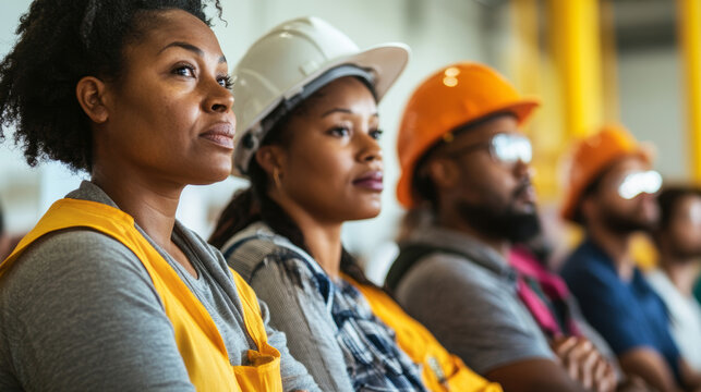 A diverse group of workers attending a wage rights workshop symbolizing education on labor rights