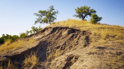 Naklejka premium A dry and eroded hill once covered with grass now exposed and vulnerable to land degradation