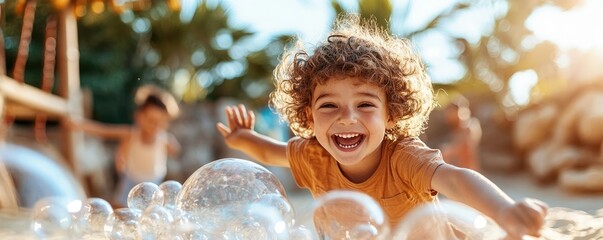 Joyful kid playing with friends in a safe playground, promoting emotional wellbeing and peer support