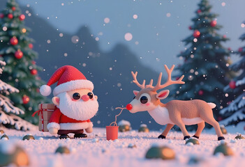 heartwarming scene of Santa feeding reindeer in snowy landscape, surrounded by festive decorations and serene winter atmosphere