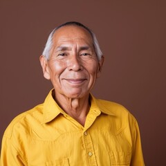 Fototapeta premium Portrait of a senior Native American man with a warm smile wearing a yellow shirt