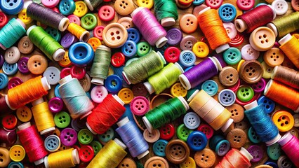 Close up of colorful thread spools with various buttons scattered around, sewing, needles, crafts, textile, materials