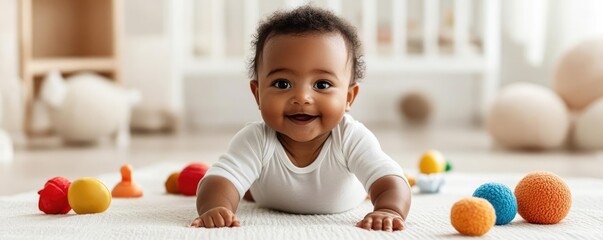 Peaceful infant practicing tummy time on a soft mat, surrounded by gentle toys, promoting balance and attentive care