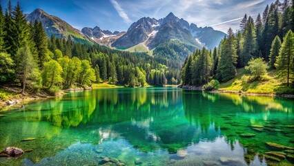 Obraz premium Beautiful green lake surrounded by lush forests and snow-capped mountains in Styria, Austria, Gr?ner See, Green Lake