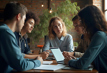 Collaborative group discussion among young adults in modern workspace, showcasing teamwork and engagement. atmosphere is creative and focused, with natural light enhancing environment