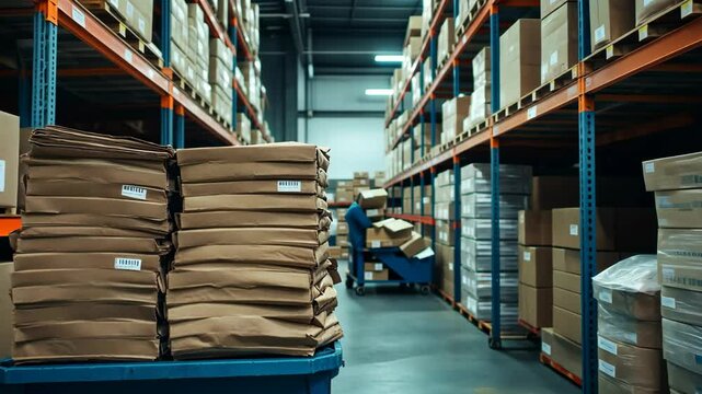 A worker moves a cart full of boxes through a large warehouse, passing rows of stacked cardboard packages