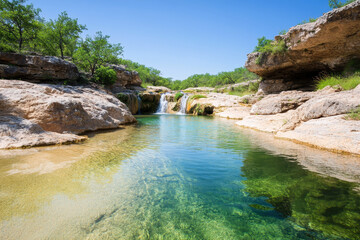 Naklejka premium Tranquil stream flowing through rocky landscape with clear skies