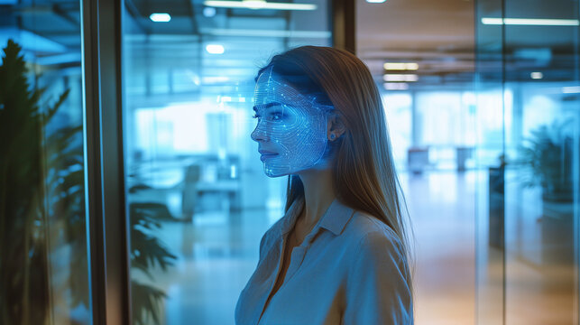 Facial recognition technology used to scan a businesswoman's face in a modern office, representing privacy and security in the corporate world