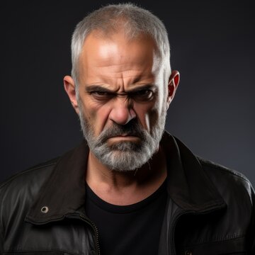 Portrait of an angry man with a tense look and clenched jaw in a casual button down shirt on a simple beige background