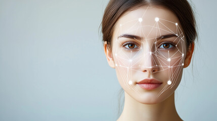 Facial recognition technology mapping a young woman's face for biometric identification and security purposes