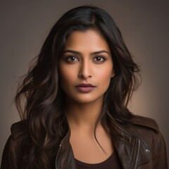 Naklejka premium Headshot of an Indian woman with curly hair wearing a casual blouse on a neutral backdrop