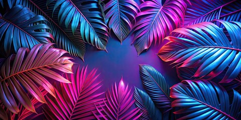 Tropical leaf background with neon glow color tones, tropical, leaves, foliage, neon, glow, bright, exotic, vibrant