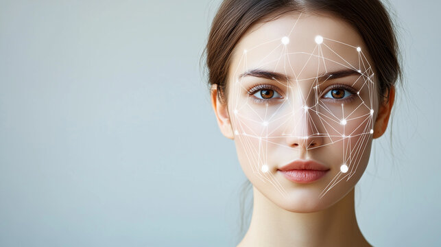 Facial recognition technology mapping a young woman's face for biometric identification and security purposes