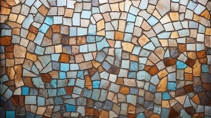Close up of a mosaic background with intricate tile patterns and a rich blend of bright and muted colors