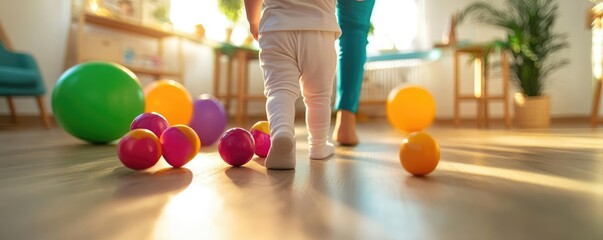 Toddler walking with the help of a therapist, vibrant setting, promoting assistance and therapeutic care for development