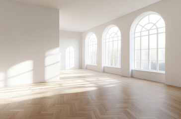 Fototapeta premium Sunlit modern living room with large arched windows and parquet flooring