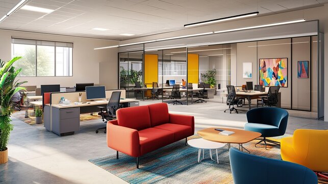 Collaborative office space with flexible seating. Modern office interior in cheerful colors