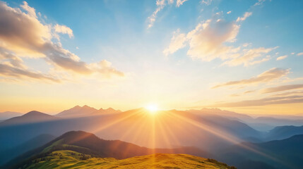 Serene sunset over rolling hills and distant mountain range