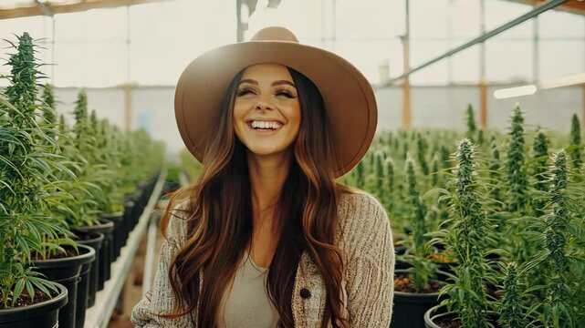 A woman smiles in a greenhouse full of hemp plants