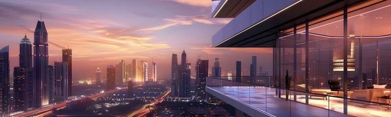 Fototapeta premium View apartment luxury balcony modern terrace 3D house city residential. Condominium luxury view apartment real window project penthouse complex new exterior hotel design architecture home family high.