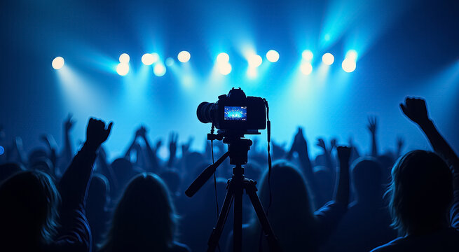 A camera is recording a crowd of people at a concert - Powered by Adobe