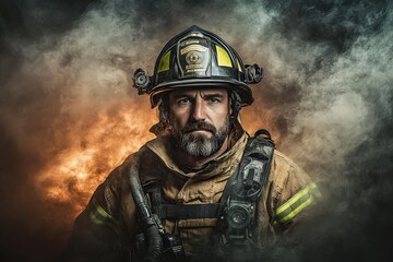 Naklejka premium Brave Firefighter Portrait in Dramatic Atmosphere