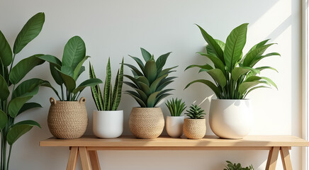 Fototapeta premium A row of potted plants sit on a wooden shelf, with some of them being tall