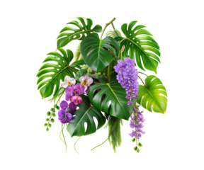 Tropical Arrangement with Monstera Leaves, Purple Orchids, and Wisteria Vine Cut-Out