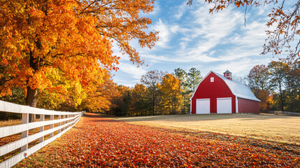 Fototapeta premium A classic red barn with a white fence and a backdrop of colorful autumn leaves for Thanksgiving.
