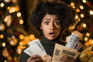 A surprised woman holding a stack of holiday receipts, with festive lights in the background, highlighting the shock of holiday expenses and seasonal spending stress