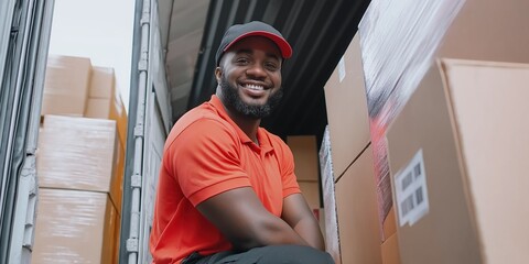 A man in an orange shirt is sitting on a stack of boxes. He is smiling and he is happy