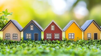 Colorful miniature houses on green grass symbolize home and community.