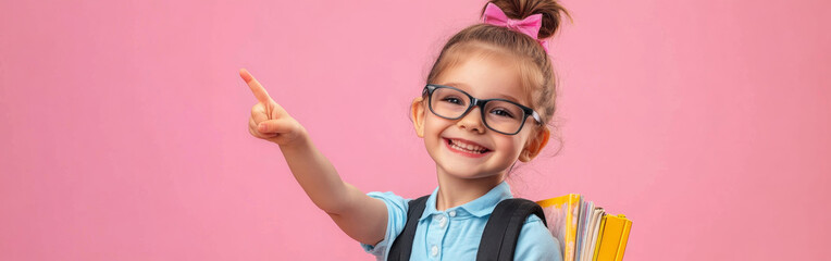 A cheerful child wearing glasses and a bow in her hair points excitedly while holding books and wearing a backpack, showcasing enthusiasm for learning. With copy space for text.