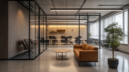Fototapeta premium Contemporary corporate office with glass partitions, desks, comfortable sofas and computers in the background