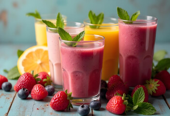 Refreshing fruit smoothies in colorful glasses, garnished with mint leaves, surrounded by fresh strawberries, blueberries, and lemon slices, evoke vibrant and healthy lifestyle