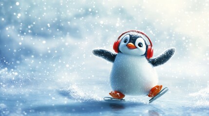 A happy penguin wearing red headphones skates across the ice. This charming Christmas illustration is perfect for adding a touch of winter cheer to designs, decorations, or postcards.