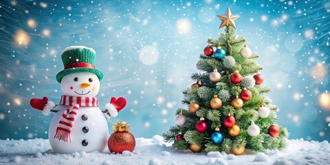 Snowman standing next to a decorated Christmas tree , winter, holiday, festive, snow, cold, carrot nose, seasonal