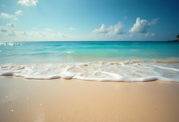 Fototapeta premium serene beach scene with gentle waves lapping at shore, showcasing clear turquoise water and soft sandy beach under bright blue sky