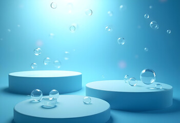 Bubbles floating above circular platforms in serene blue background create calming atmosphere. soft lighting enhances tranquil scene, perfect for various design projects