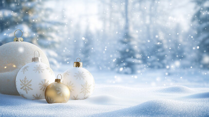 A snowy winter scene with white and gold Christmas ornaments balls. The background snow covered trees and softly falling snow. Copy space. 


