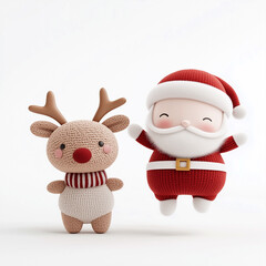 3D rendered cute snowman and Rudolph the Reindeer. Nordic patterned hat and scarf, simple face like dolls. Isolated on white background. Christmas concept. Pastel colors.
