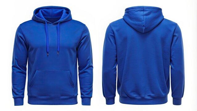 Front and back view of a royal blue hoodie with no print , royal blue, hoodie, front view, back view, plain, casual, clothing
