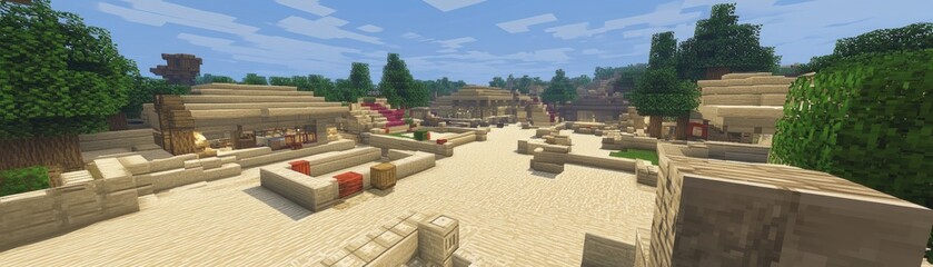 Fototapeta premium A vibrant desert village scene with sandy pathways and lush greenery.