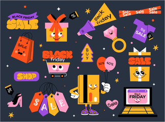 Cartoon black friday stickers. Retro stickers, patches labels for shopping, discounts, great deals. Set of promo offers in groovy vintage doodle acid style.  Vector illustration