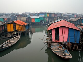 Obraz premium Colorful stilt houses in a waterway, showcasing a unique living environment.
